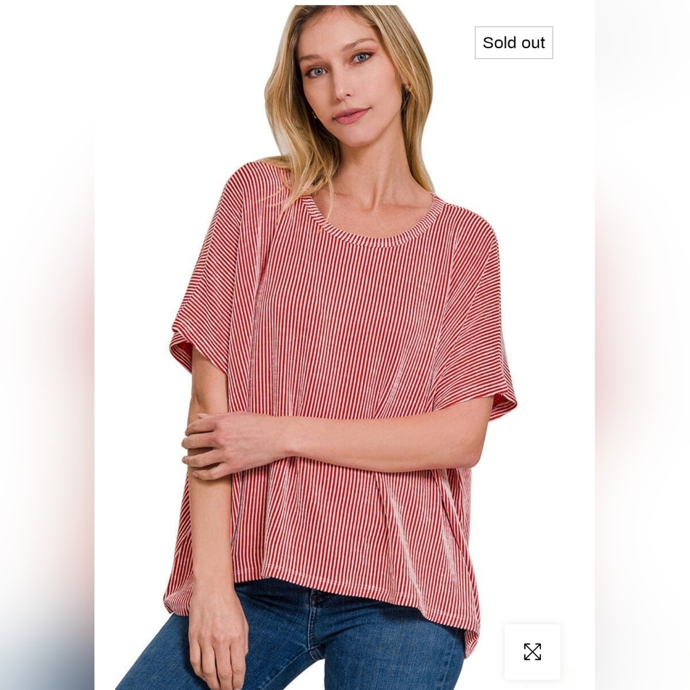 Zenana Women's Ribbed Striped Oversized Short Sleeve Top Size L/Xl Red White